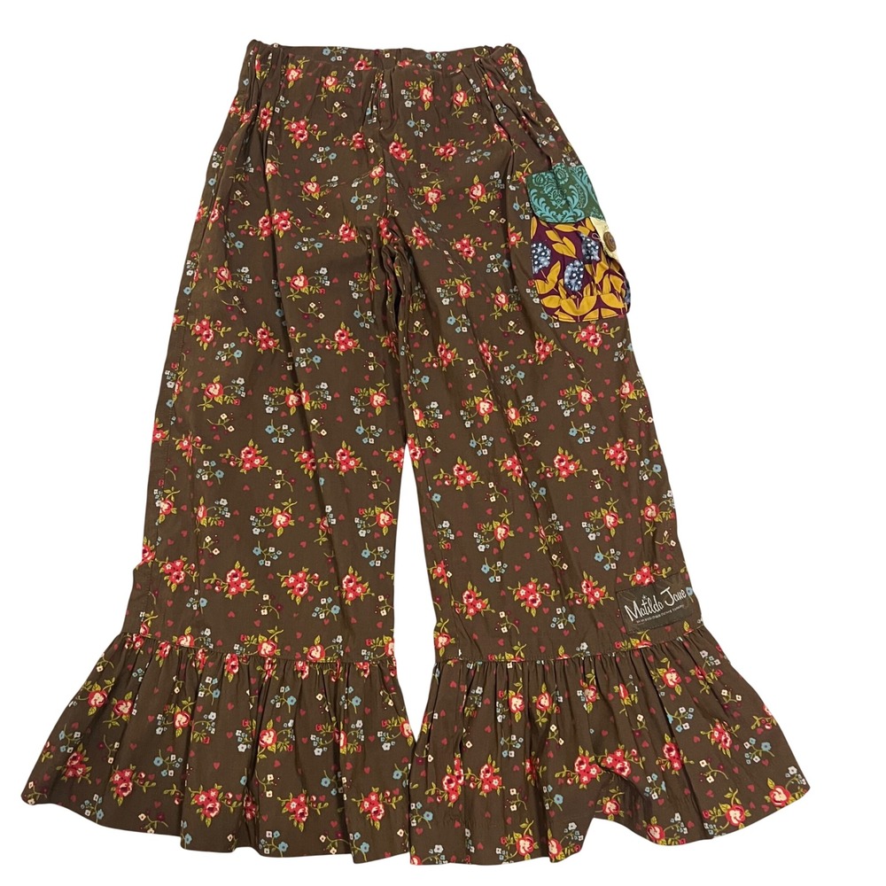 Matilda Jane Girls Brown Floral Ruffle Pants Paint by Numbers Size 8 Wide Leg